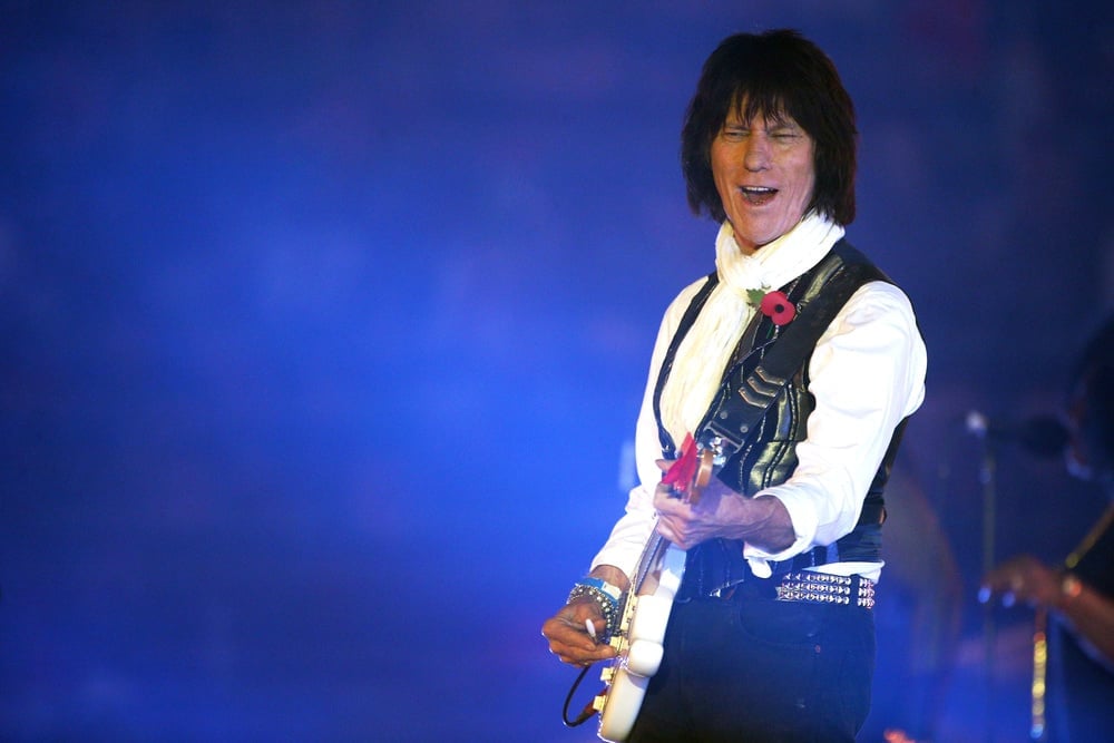 LONDON, ENGLAND - NOVEMBER 09: Jeff Beck performs during the NFL week 10 match between the Jackson Jaguars and the Dallas Cowboys at Wembley Stadium on November 9, 2014 in London, England. (Photo by Charlie Crowhurst/Getty Images)