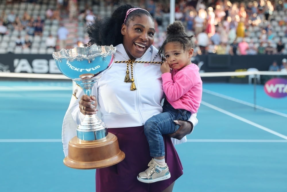 Serena Williams of the US with her daughter Alexis Olympia after her win against Jessica Pegula of the US during their women