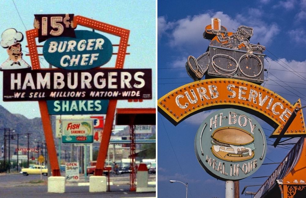 Burger Chef @thunderbird/Twitter | Nan Denton's Drive-in ©Margolies, John/Library of Congress